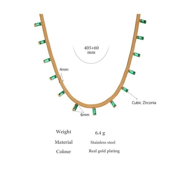 NEW 18K Gold Plated Green Baguette Stone Flat Herringbone Necklace - Picture 2 of 7